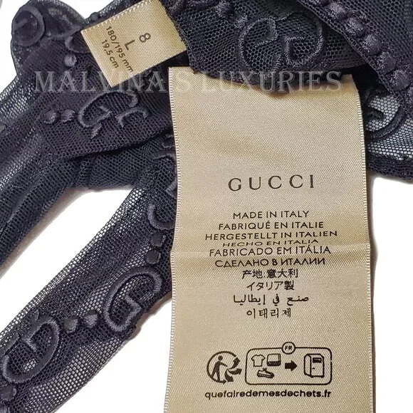 GUCCI GLOVES 787379 BLACK TULLE w GG LOGO MOTIF EMBROIDERY sz 8 / L - Picture 10 of 14